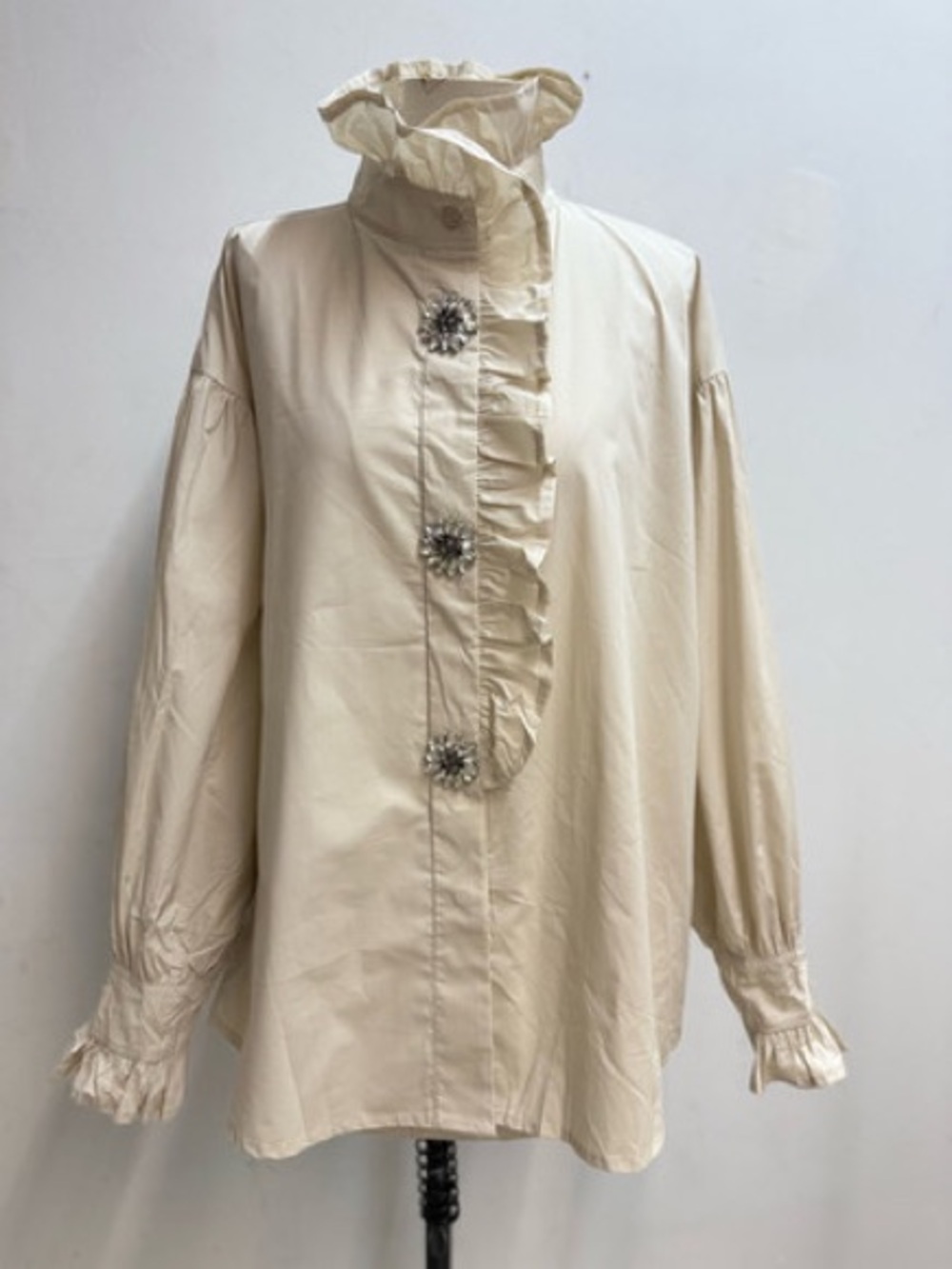 Yolly Italy - High Collared Button Down with Jeweled Buttons - Cream - PTP 23”